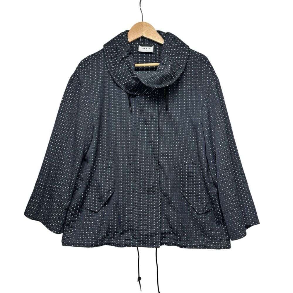 Akris Punto Navy White Striped, Cowl Collared Cotton Blend Jacket Size 10